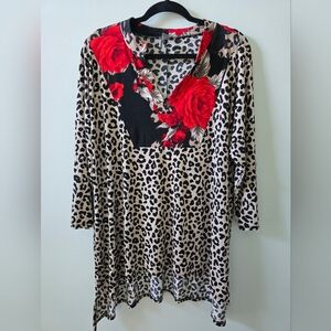 Honeyme Red Floral and Leopard Print Tunic